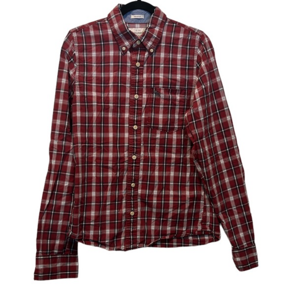 Abercrombie & Fitch Muscle Men Large Classic Red‎ Plaid Flip Cuff Button Shirt